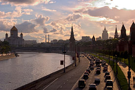 Kremlin Embankment and Moscow skyline with Cathedral of Christ the Saviour on the left and Kremlin on the right
