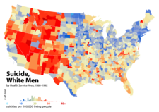 United States suicide rates for white men, by Health Service Area, 1988&ndash;1992. This map and the map at right use the same color scale: note the large difference in rates between men and women.  The regional patterns for men and women are similar, but not the same. From [3].