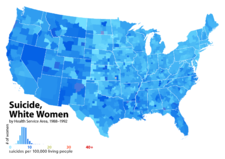 United States suicide rates for white women, by Health Service Area, 1988&ndash;1992. From [4].