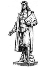 Engraving of a statue of Roger Williams (1603-1683), Puritan minister who was expelled from the Massachusetts Bay Colony in 1636 for his extremist views and who advocated religious liberty. Williams founded the city of Providence, Rhode Island.