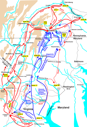 Gettysburg Campaign (through July 3); cavalry movements shown with dashed lines. Confederate Union