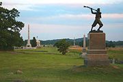 The "High Water Mark" on Cemetery Ridge as it appears today. The monument to the 72nd Pennsylvania Volunteer Infantry Regiment ("Baxter's Philadelphia Fire Zouaves") appears at right, the Copse of Trees to the left.