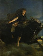 N&oacute;tt, the Norse goddess of the night, rides her horse in this 19th century painting by Peter Nicolai Arbo.