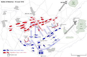 Map of the battle. Napoleon's units are in blue, Wellington's in red, Bl&uuml;cher's in grey.