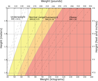 A graph of body mass index is shown above. The dashed lines represent subdivisions within a major class. For instance the &ldquo;Underweight&rdquo; classification is further divided into &ldquo;severe,&rdquo; &ldquo;moderate,&rdquo; and &ldquo;mild&rdquo; subclasses.Based on World Health Organization data here.