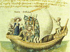 The founders of Scotland of late medieval legend, Scota with Go&iacute;del Glas, voyaging from Egypt, as depicted in a 15th century manuscript of the Scotichronicon of Walter Bower.