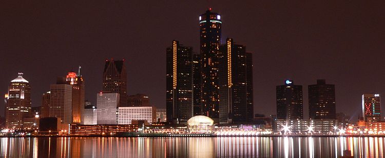 Detroit International Riverfront at night during the Season of Super Bowl XL.