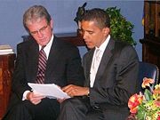 Senate bill sponsors Tom Coburn (R-OK) and Obama discussing the Coburn&ndash;Obama Transparency Act