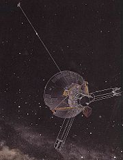 Artist's conception of Pioneer 10, which passed the orbit of Pluto in 1983. The last transmission was received in January 2003, sent from approximately 82&nbsp;AU away. The 35-year-old space probe is now receding from the Sun at over 43,400&nbsp;km/h (27,000&nbsp;mph).